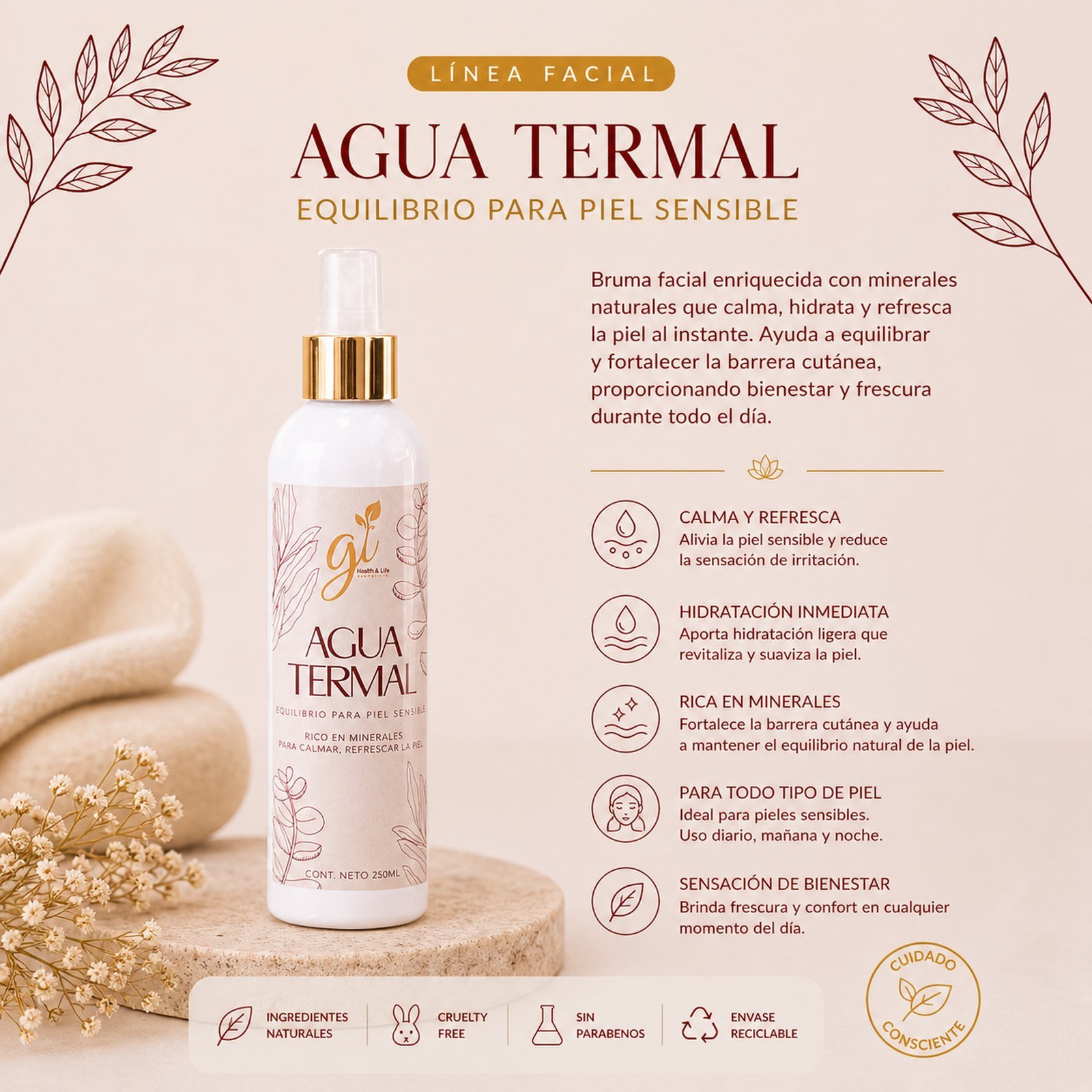 Beneficios agua termal facial minerales naturales extractos botánicos Guatemala