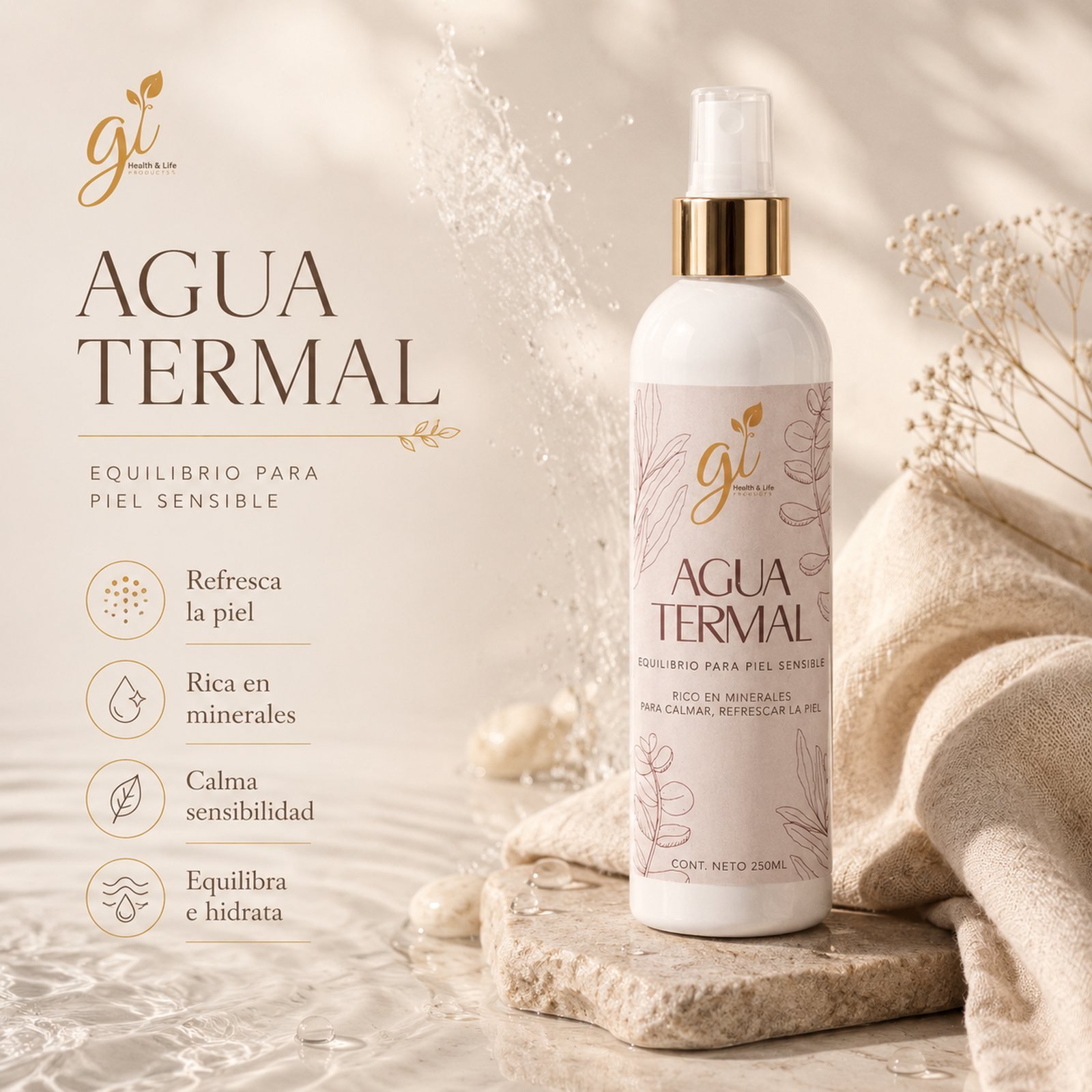 Agua termal facial ingredientes botánicos naturales piel sensible skincare