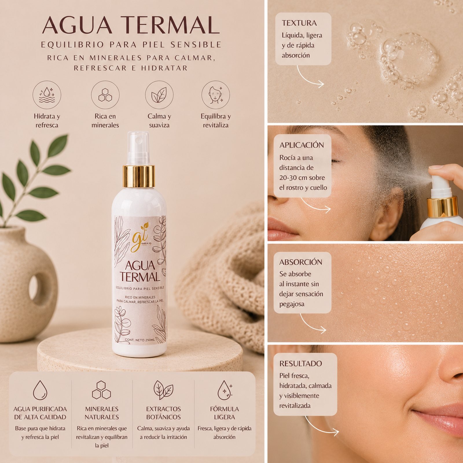 Textura aplicación y resultado agua termal facial piel calmada hidratada