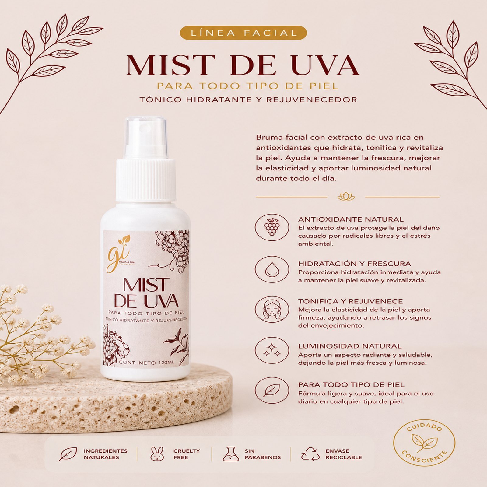 Beneficios mist de uva tónico facial hidratante rejuvenecedor antioxidante