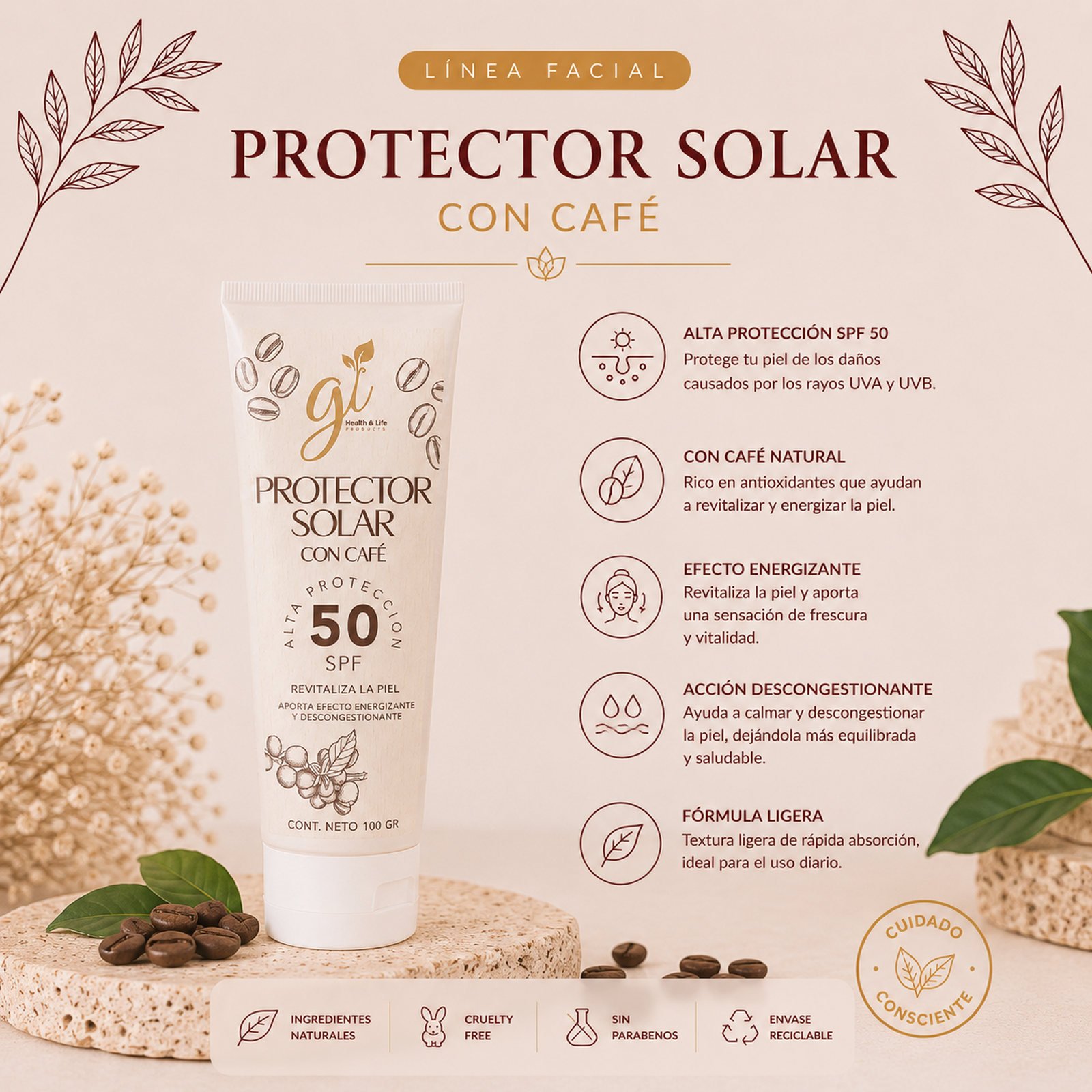 Beneficios protector solar con café SPF 50 alta protección energizante descongestionante