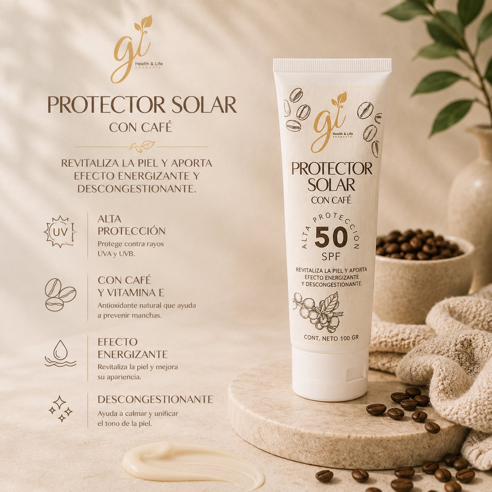 Protector solar café SPF 50 ingredientes extracto café vitamina E pantenol filtros solares Guatemala