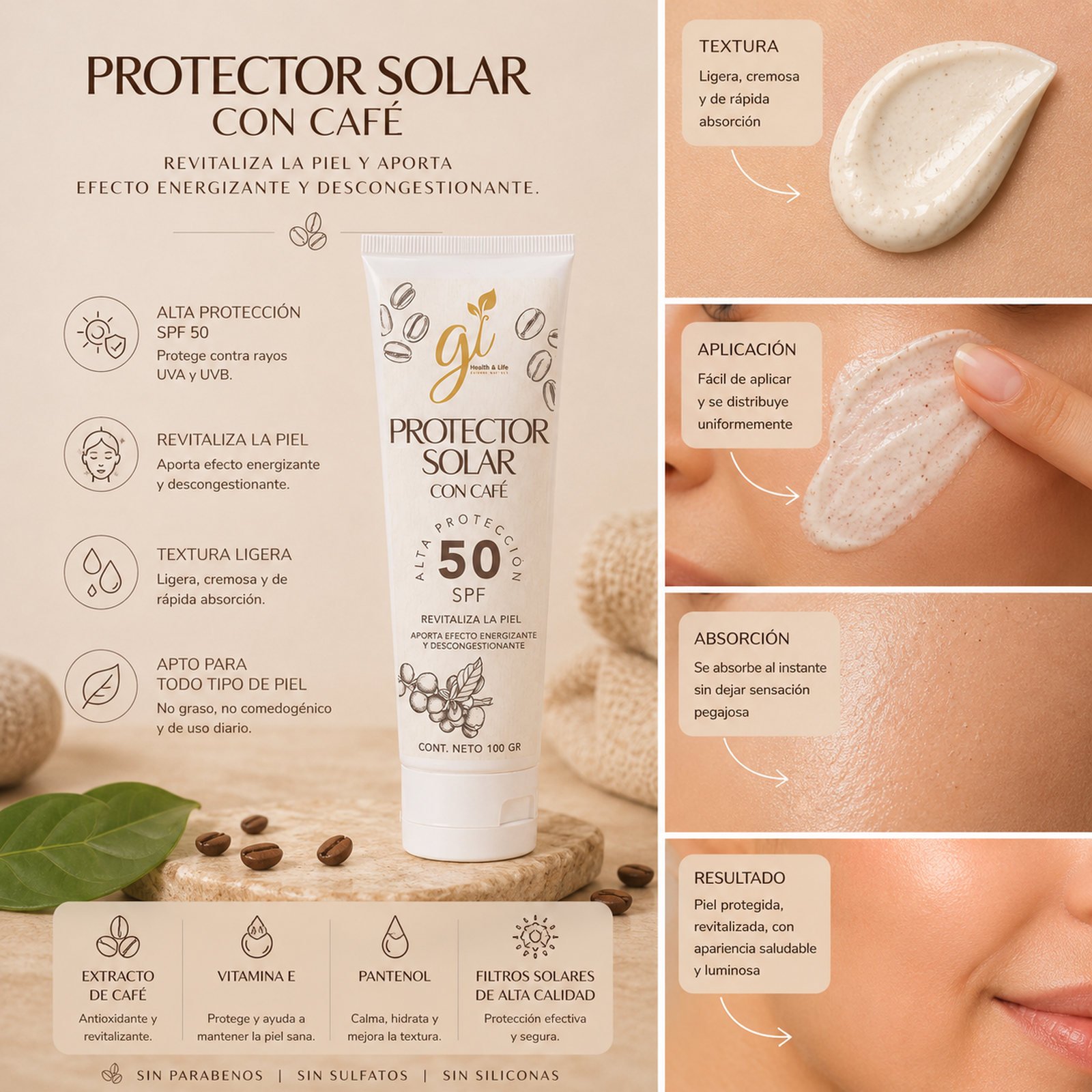 Textura aplicación absorción y resultado protector solar café SPF 50 piel protegida luminosa