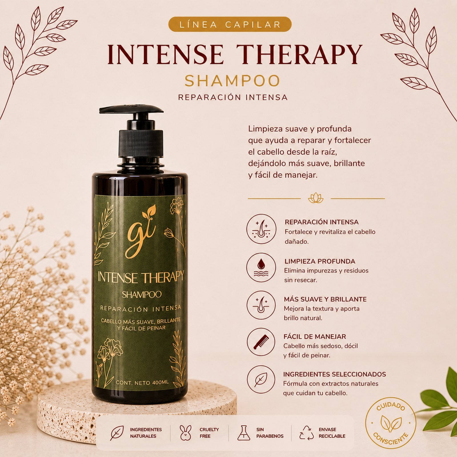 Beneficios shampoo Intense Therapy reparación intensa cabello brillante manejable