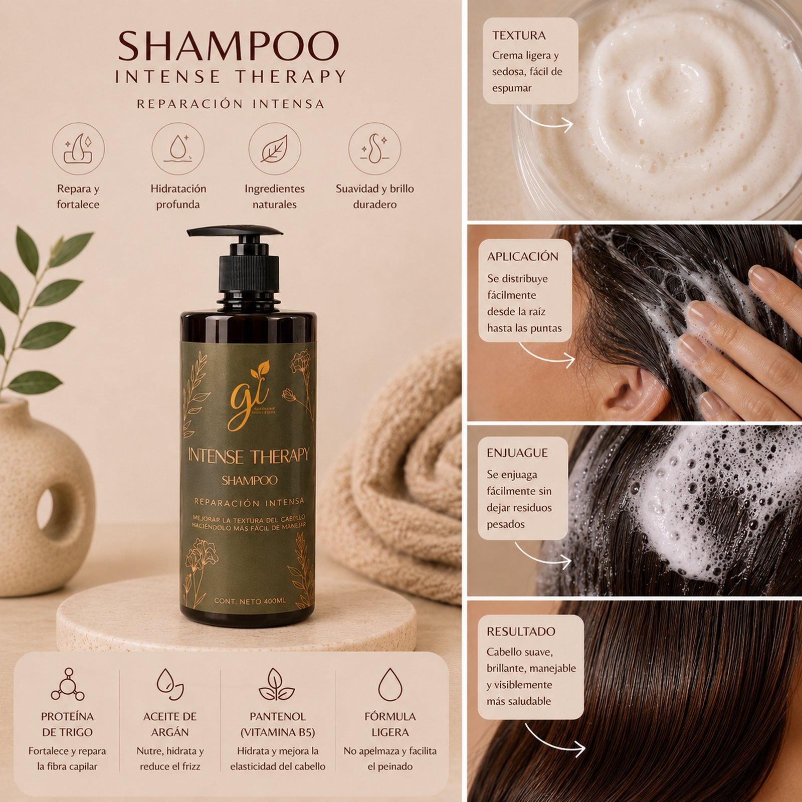 Textura aplicación enjuague y resultado shampoo Intense Therapy cabello suave brillante
