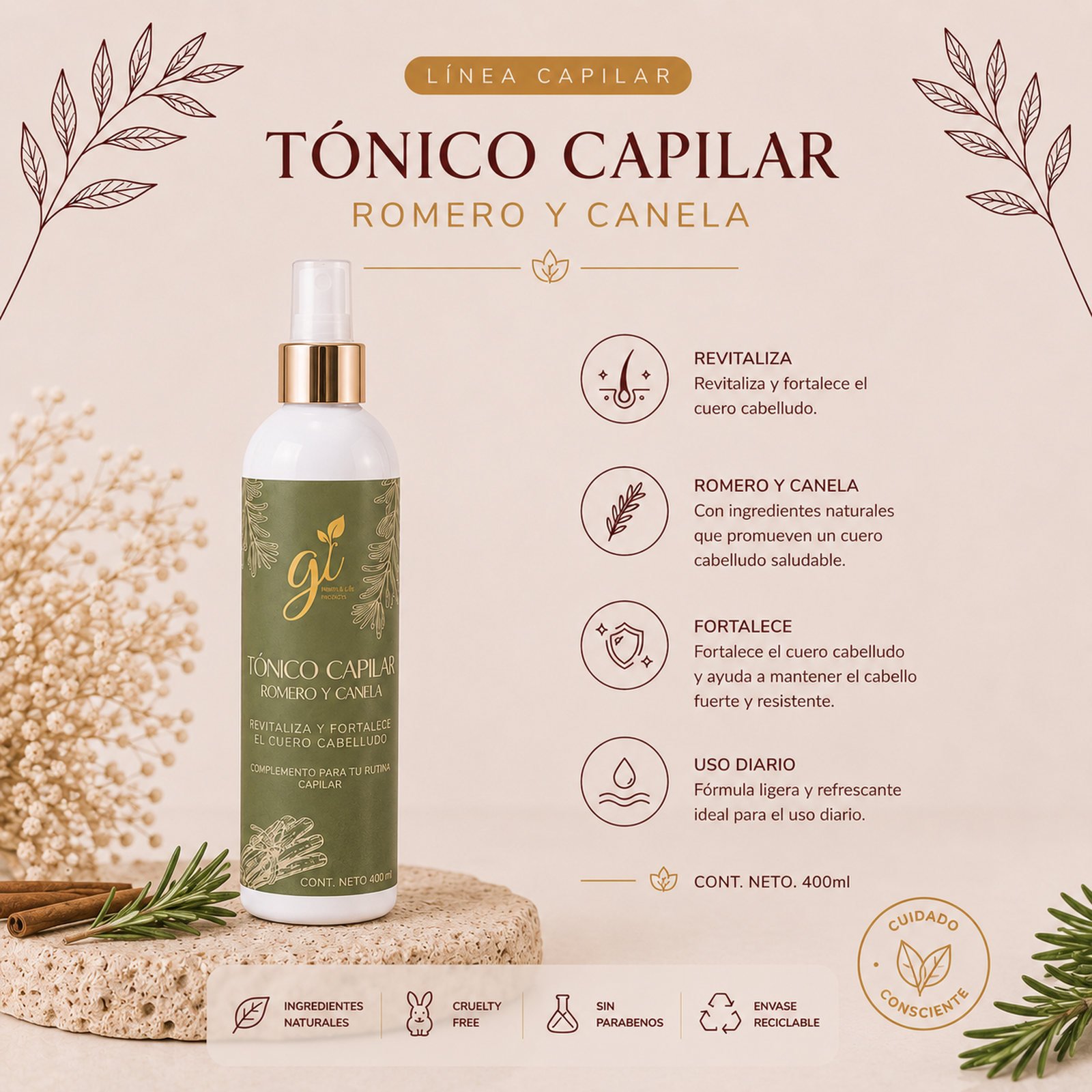 Beneficios tónico capilar romero canela revitaliza fortalece equilibra cuero cabelludo