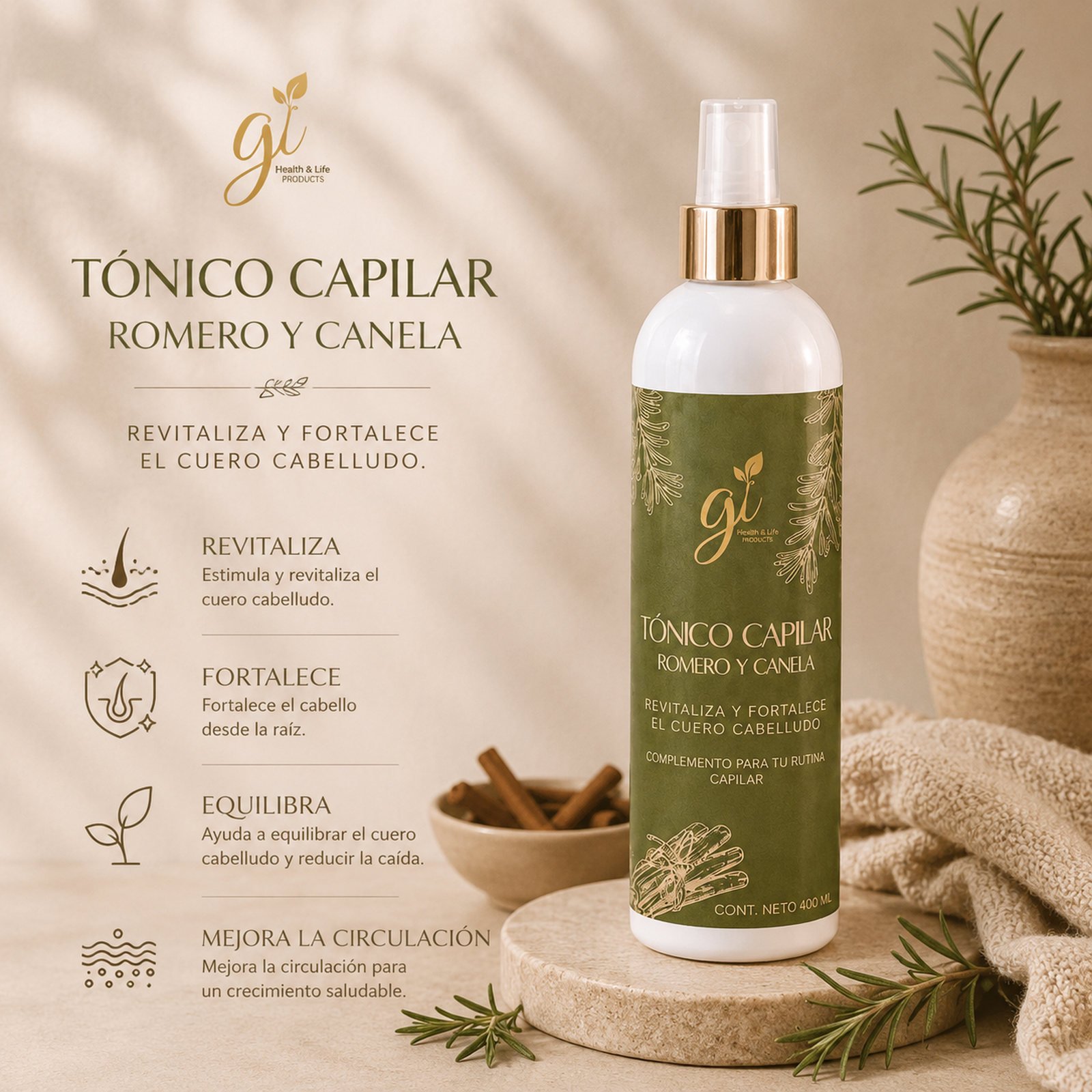 Tónico capilar romero canela pantenol línea capilar ingredientes naturales Guatemala