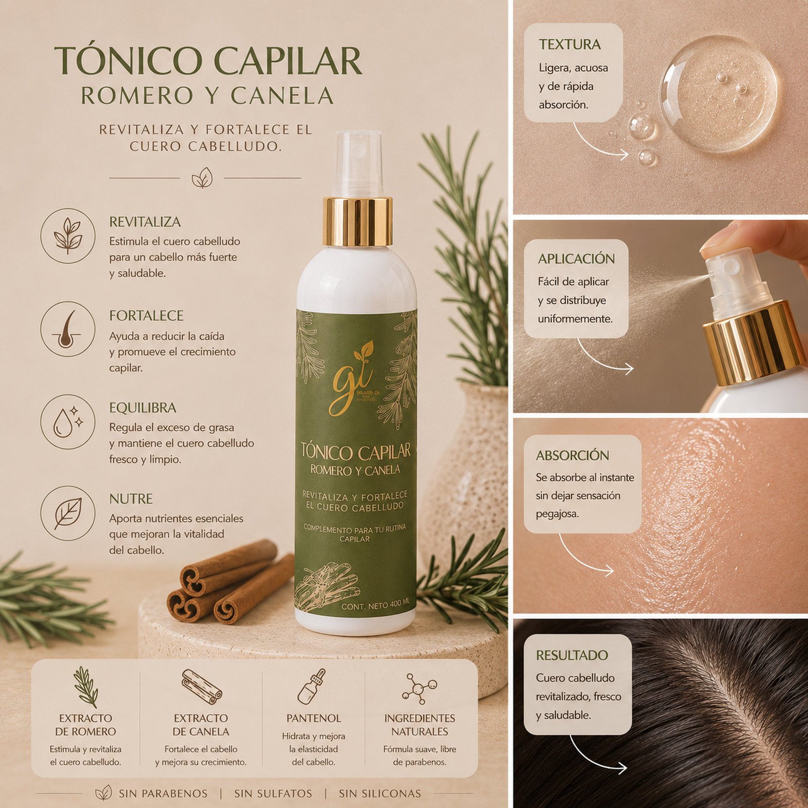 Textura aplicación absorción y resultado tónico capilar romero canela cuero cabelludo saludable