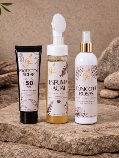 Rutina facial diaria de 3 pasos: protector solar SPF 50, espuma facial y tónico de rosas Gi Health & Life